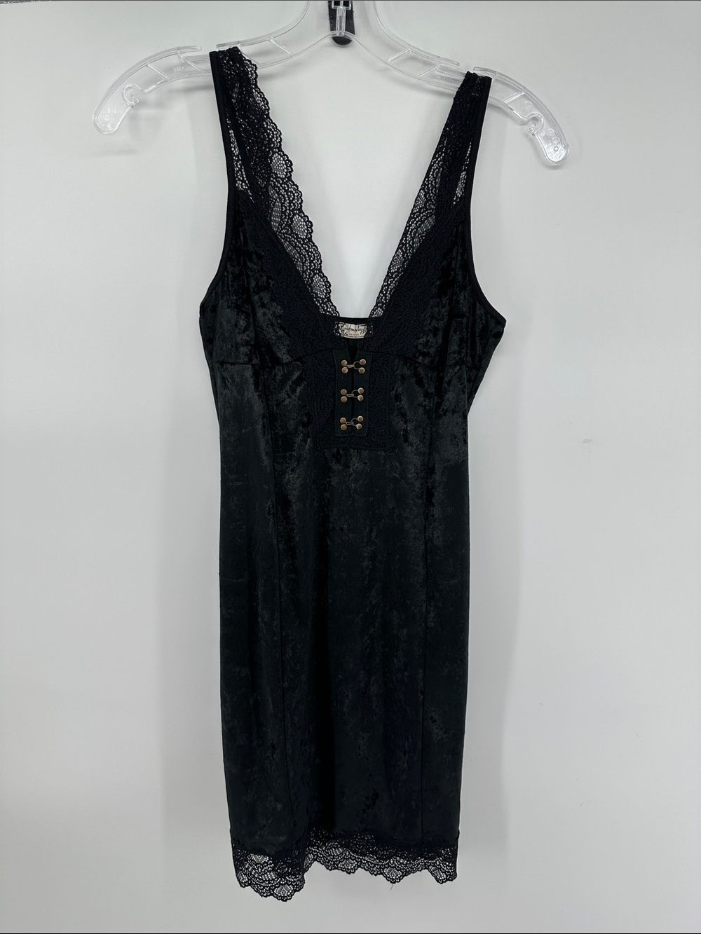 FreePeople Whimsigoth Dark Coquette Romantic BlackVelvet Lace-Trim SlipDress SzS